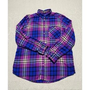 Express Boyfriend Flannel Shirt Purple Blue Plaid Long Sleeve Button Up Womens M